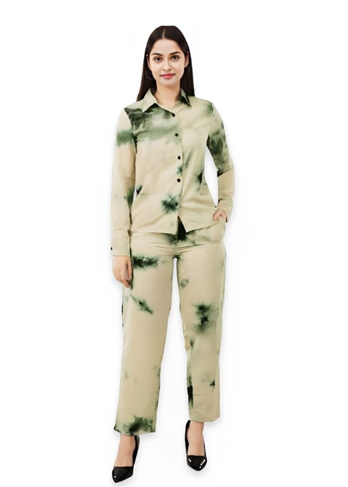Olive Tie Dye Printed Imported Fabric Cord Set from Swadeshi Couture