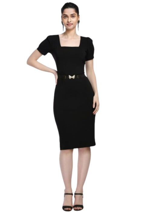 Black Bodycone Cotton Spandex Dress with Belt From Swadeshi Zone