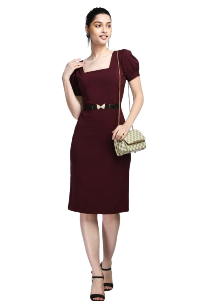 Wine Bodycone Cotton Spandex Dress with Belt From Swadeshi Zone