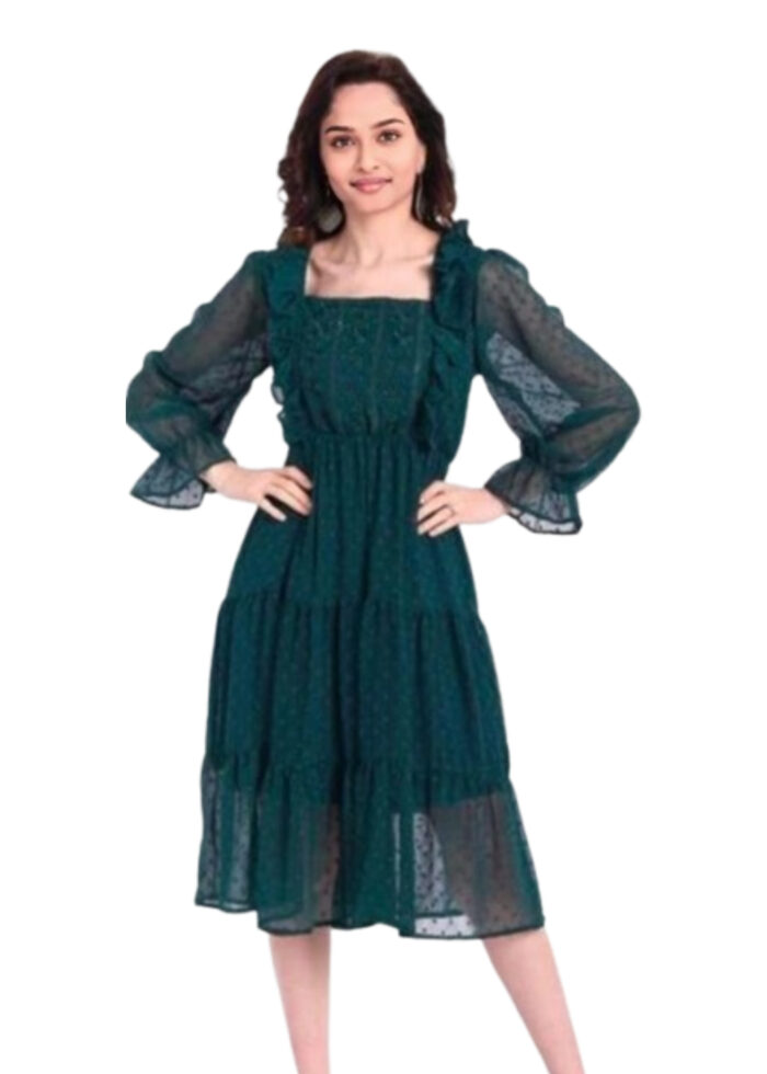 Teal Georgette Dobby Middi Embroidered Dress From Swadeshi Zone