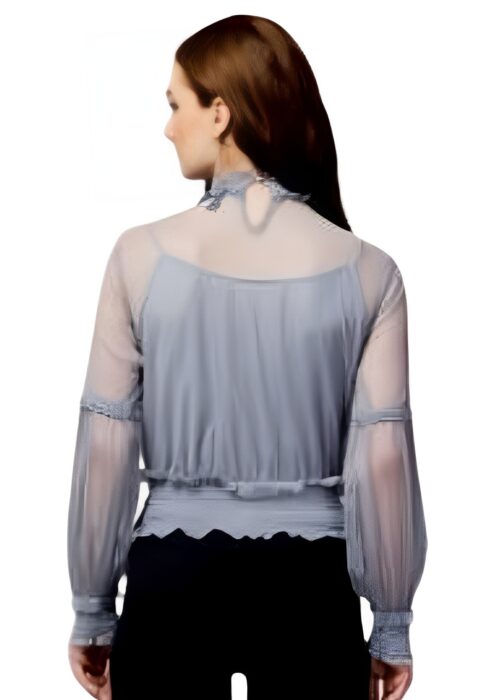 Puff Sleeve Grey Embellished Net Fabric Womens Top From Swadeshi Couture - Image 2